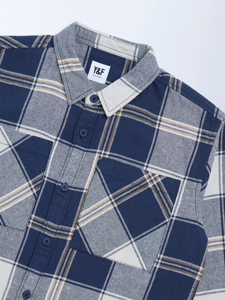 Boys Navy Checks Printed Cotton Shirt
