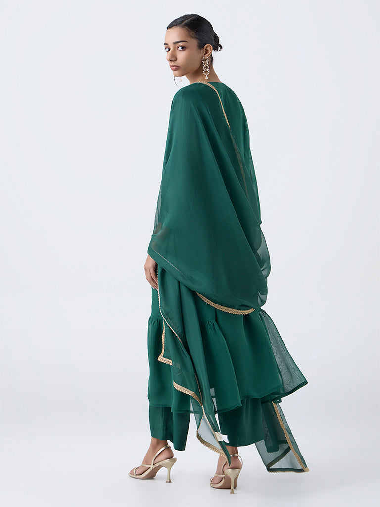 Vark Green Floral Embroidered A-Line Ethnic Set