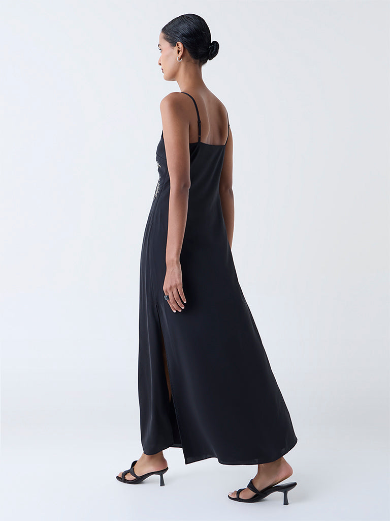 Vark Black Floral Embellished A-Line Dress