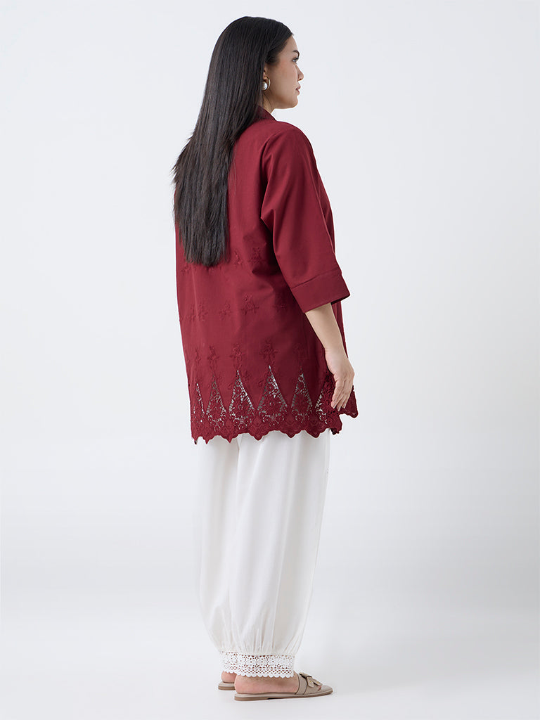 Diza Red Floral Lace Detailed Cotton Tunic