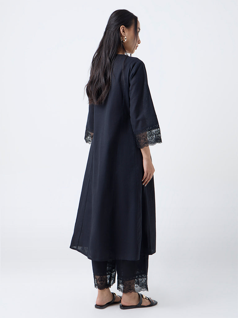 Utsa Black Lace-Detailed Cotton-Blend A-Line Kurta