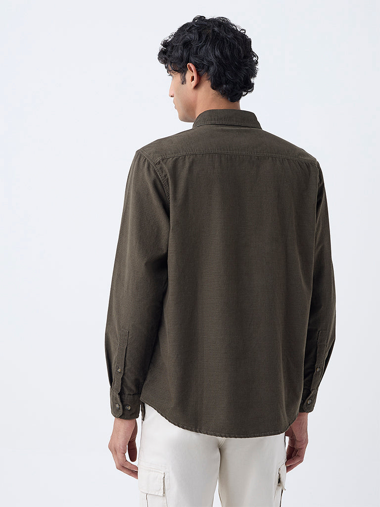 WES Casuals Olive Textured Relaxed-Fit Cotton Shirt