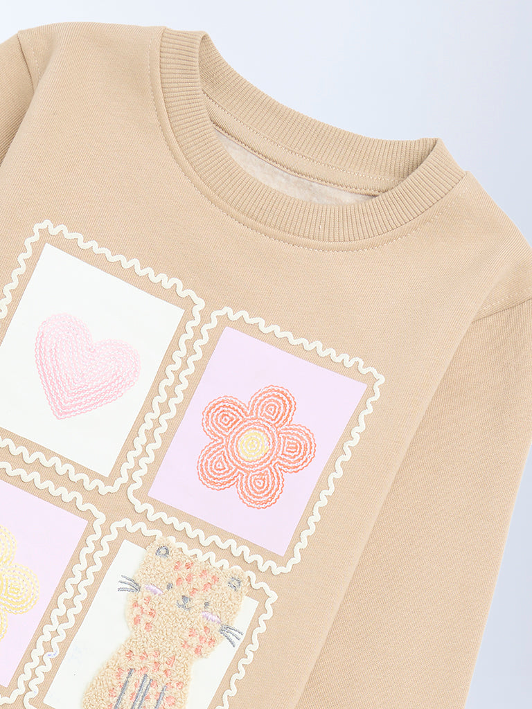 HOP Kids Girls Beige Embroidered Cotton-Blend Sweatshirt