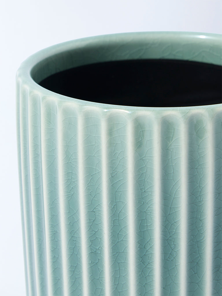 Westside Home Green Striped Ceramic Planter