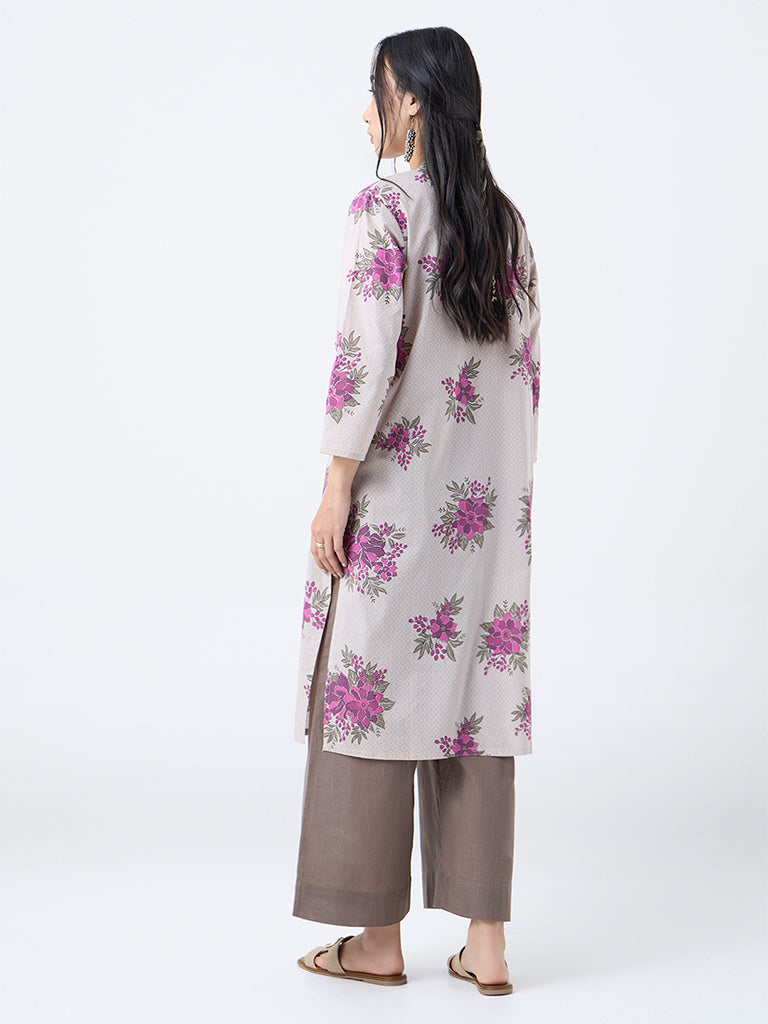 Utsa Beige Floral Design Straight Cotton Kurta