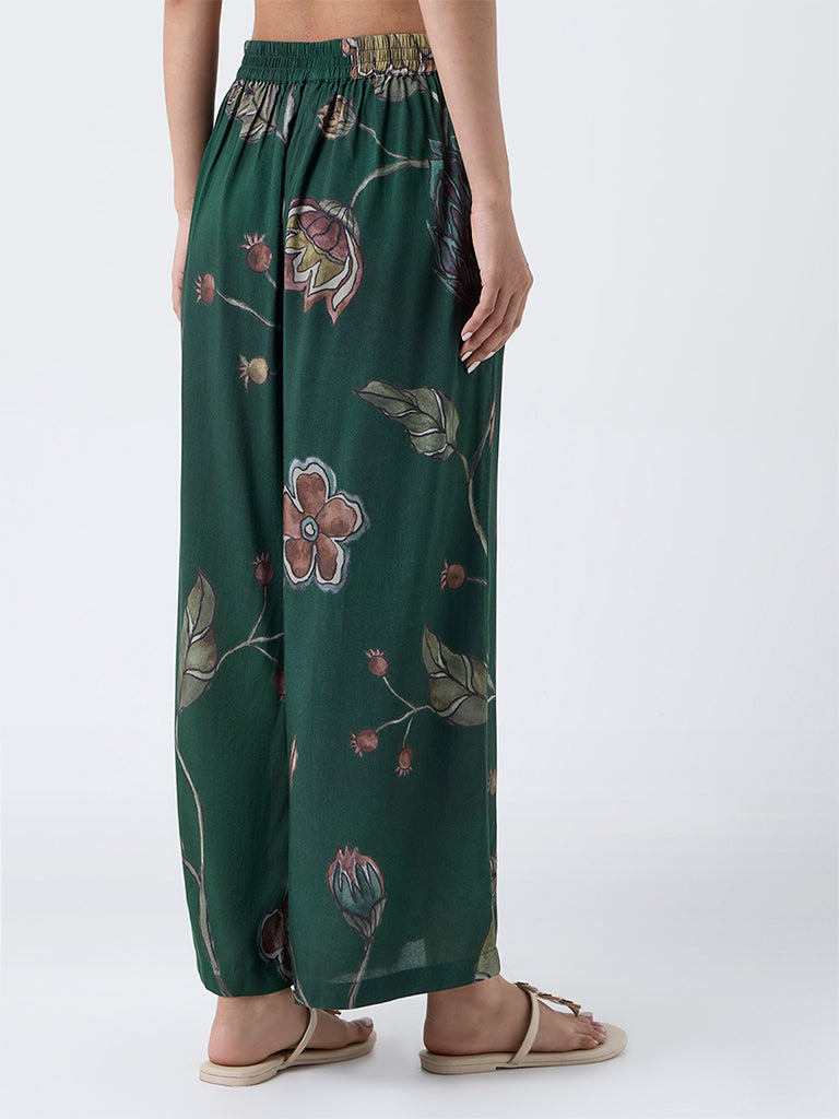 Utsa Dark Green Botanical Pattern Palazzos