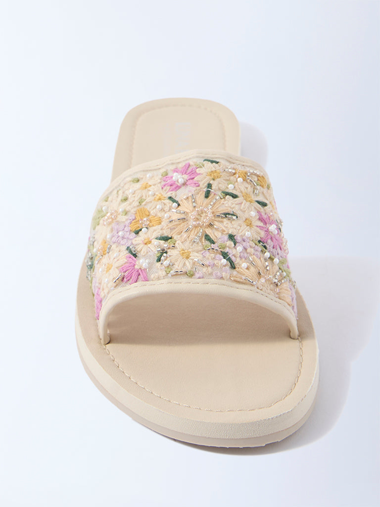 LUNA BLU Cream Floral Embroidered Slides - Exclusive