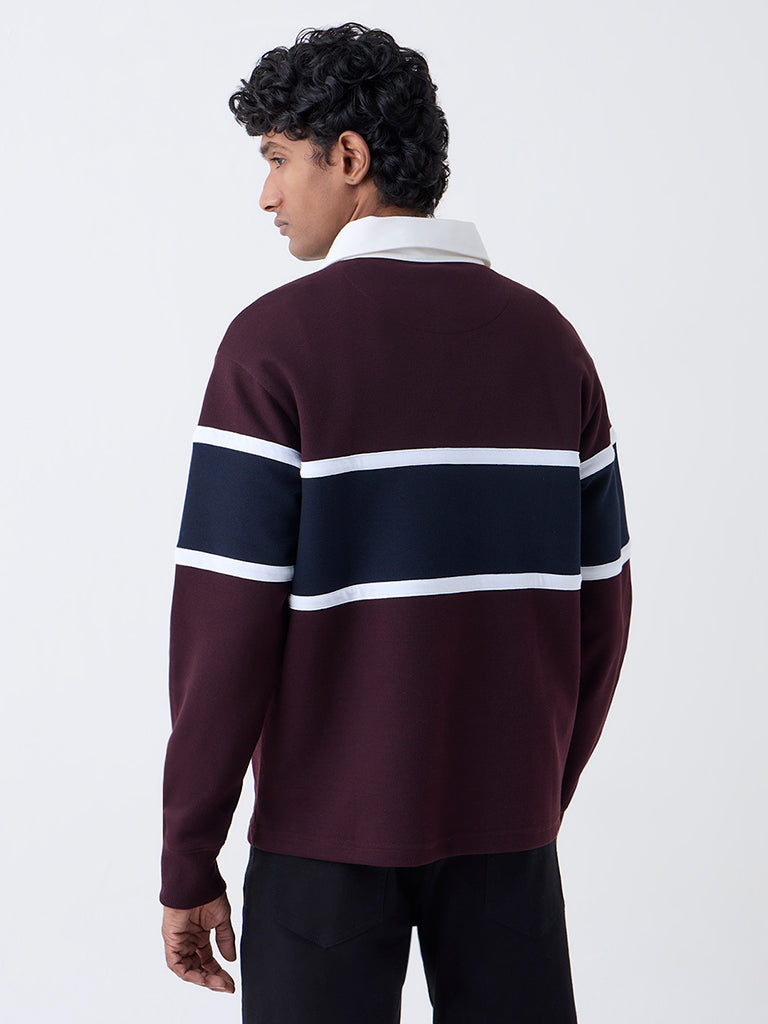 WES Casuals Wine Colour-Blocked Relaxed-Fit Polo T-Shirt