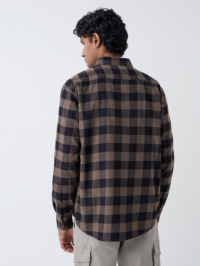 WES Casuals Brown Checks Relaxed-Fit Cotton-Blend Shirt