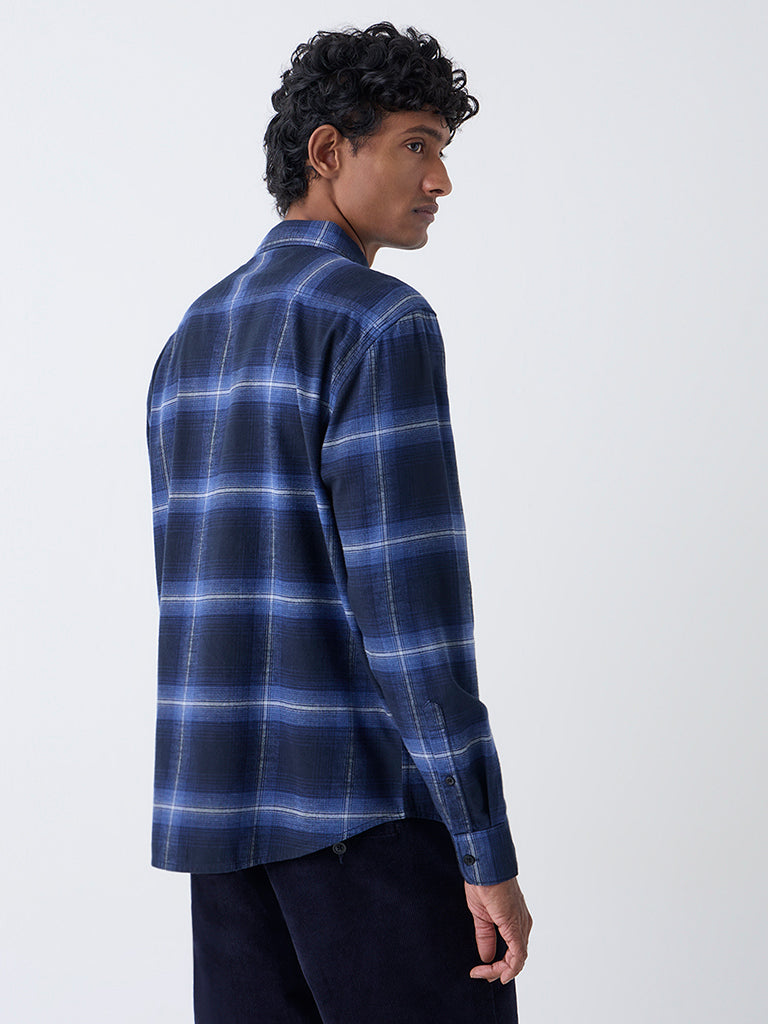 WES Casuals Navy Checkered Relaxed-Fit Cotton Shirt