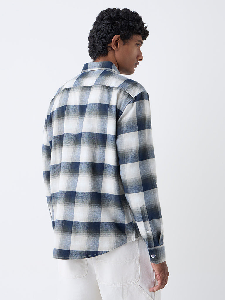 WES Casuals Navy Checks Pattern Relaxed-Fit Cotton Shirt