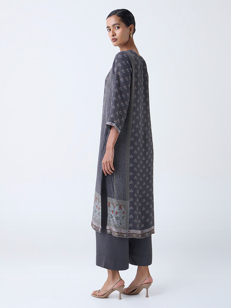 Zuba Grey Floral Pattern A-Line Kurta