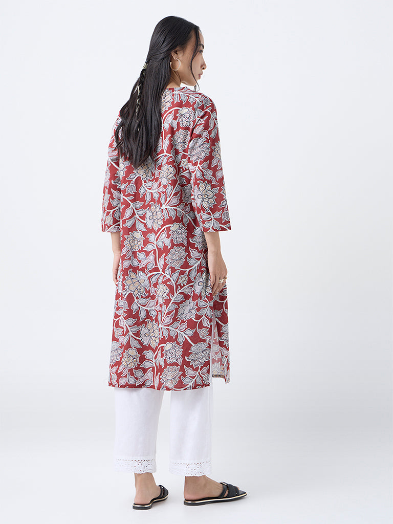 Utsa Maroon Floral Pattern Straight Cotton Kurta