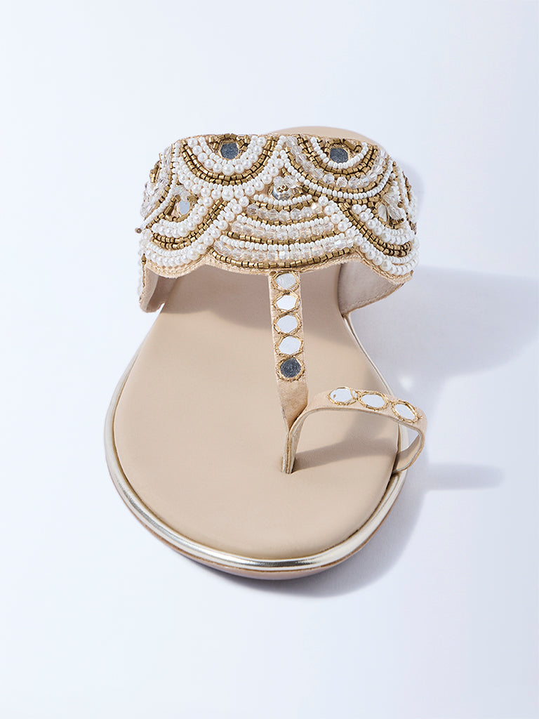LUNA BLU Beige Pearlescent Kolhapuri Sandals