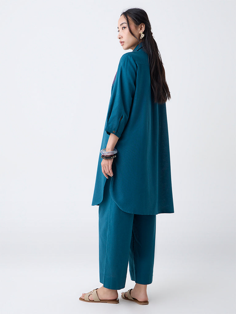 Utsa Teal Floral Embroidered Cotton-Blend A-Line Kurta