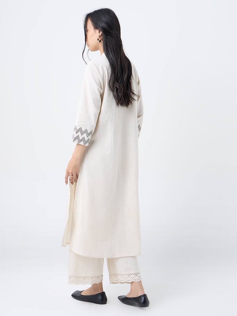 Utsa Off-White Geometric Design Cotton-Blend A-Line Kurta