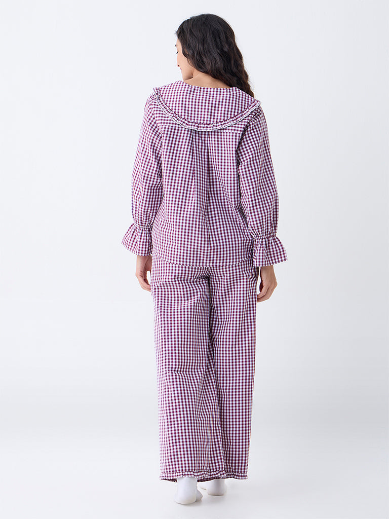 Wunderlove Plum Checkered Cotton-Blend Shirt and Pyjama Set