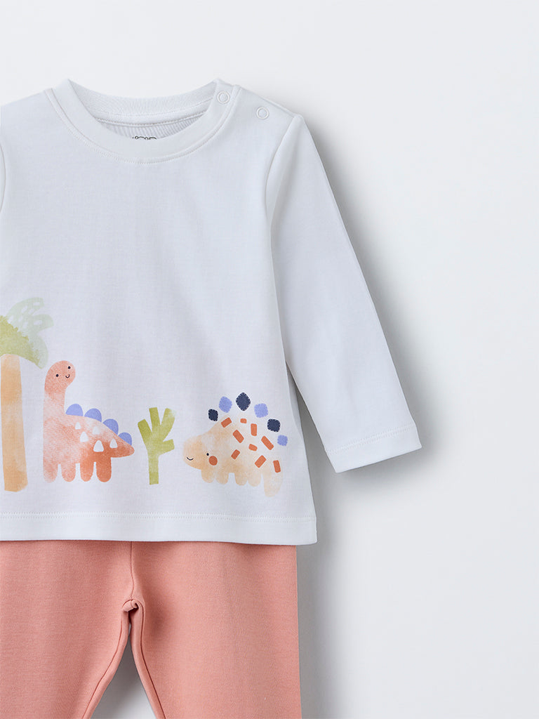 HOP Baby Boys White Dinosaur Design Cotton T-Shirt with Pants Set