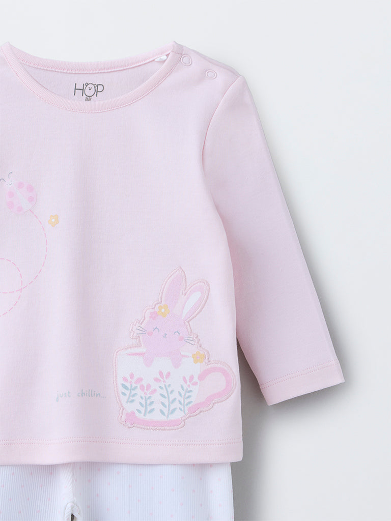 HOP Baby Girls Pink Printed Cotton T-Shirt with Pants Set