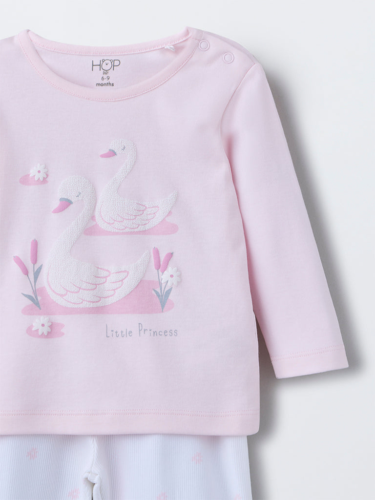 HOP Baby Girls Pink Swan Design Cotton T-Shirt with Pants Set