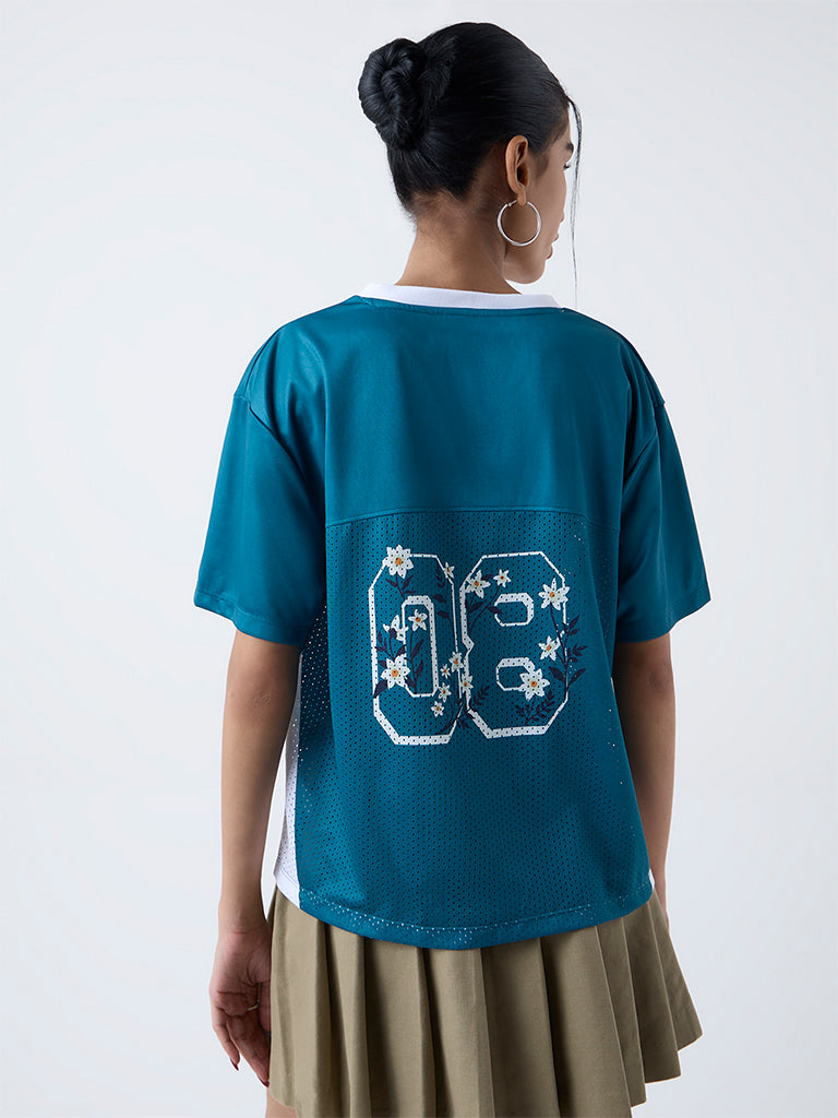 Nuon Dark Teal Printed Perforated T-Shirt