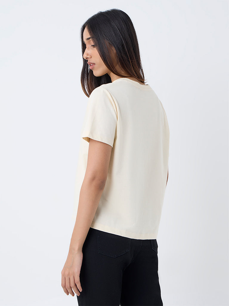 LOV Cream Typographic Cotton T-Shirt