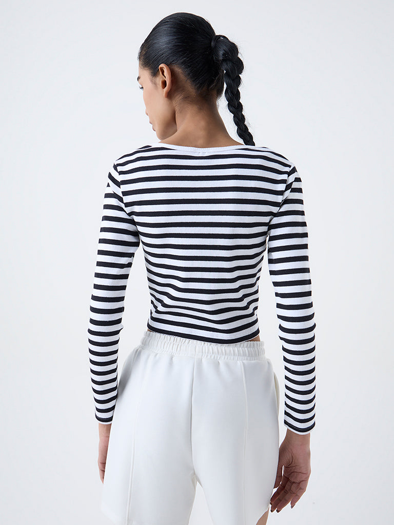 Studiofit Black Striped Cotton-Blend Henley T-Shirt