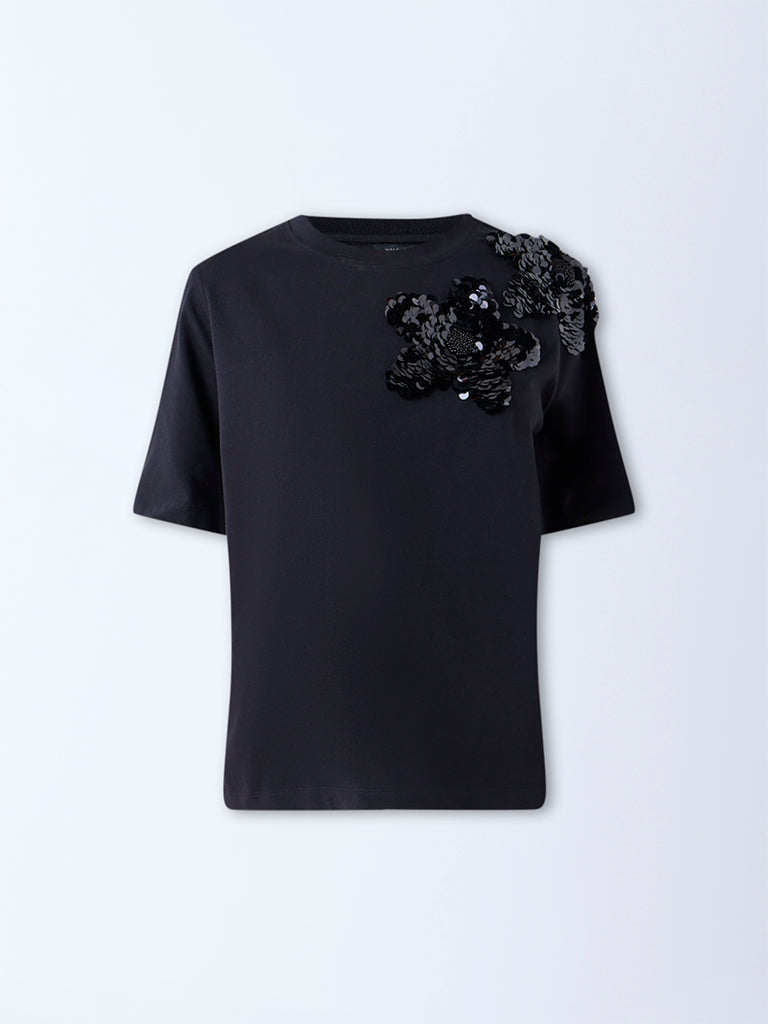 Wardrobe Black Embellished Cotton-Blend T-Shirt