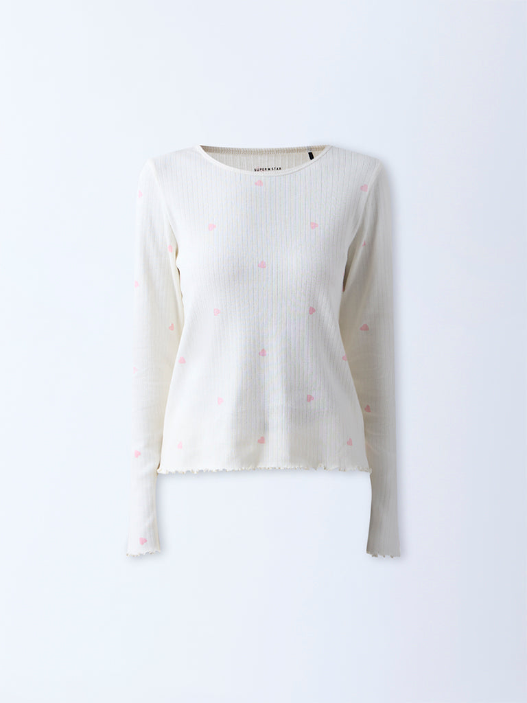 Superstar White Heart-Printed Cotton-Blend Top