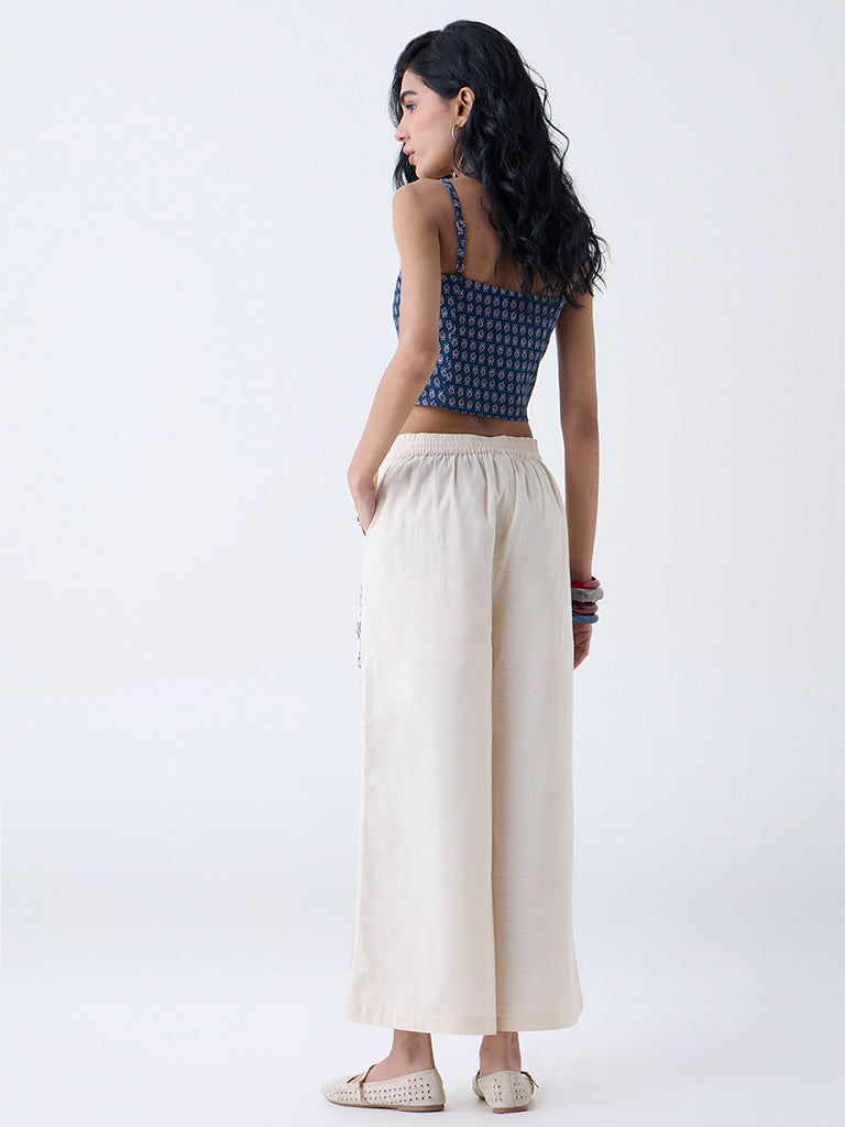 Bombay Paisley Off-White Embroidered Cotton-Blend Palazzos