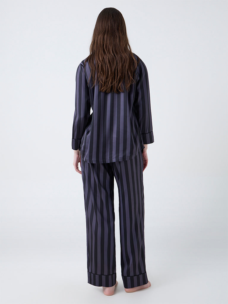 Wunderlove Dark Grey Striped Satin Shirt and Pyjamas Set
