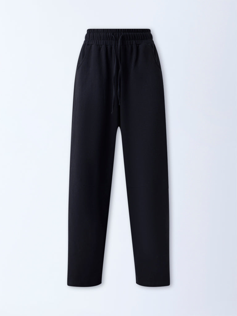 Superstar Black Solid High-Rise Cotton-Blend Pants