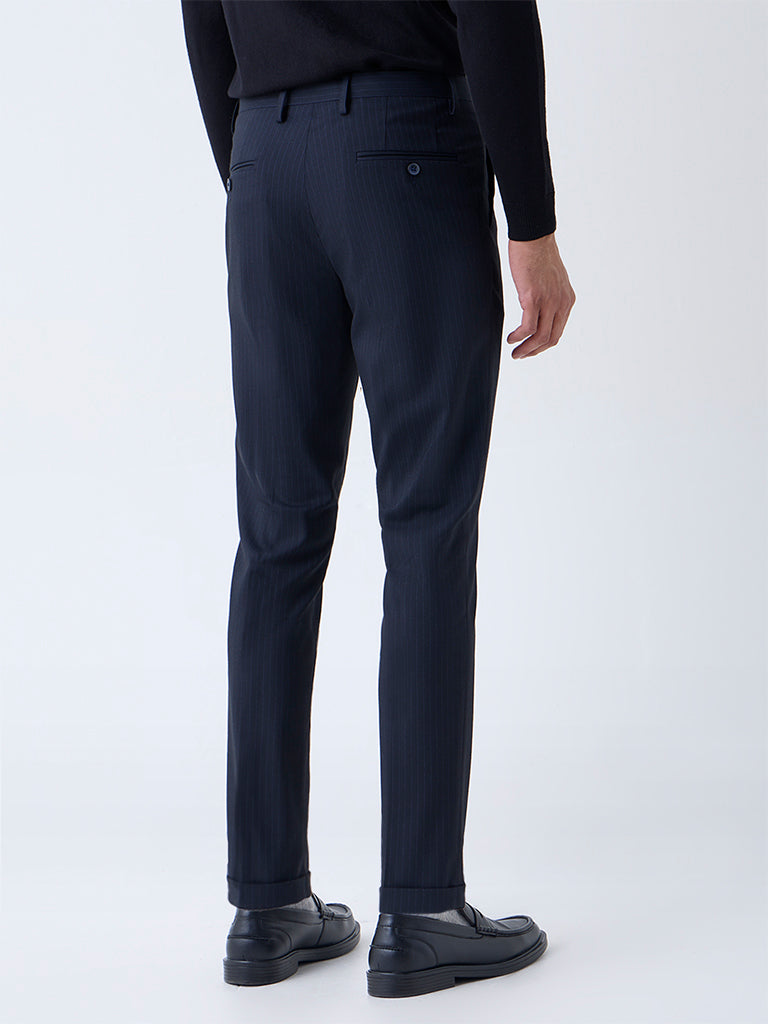 WES Formals Navy Self-Striped Slim-Fit Mid-Rise Trousers