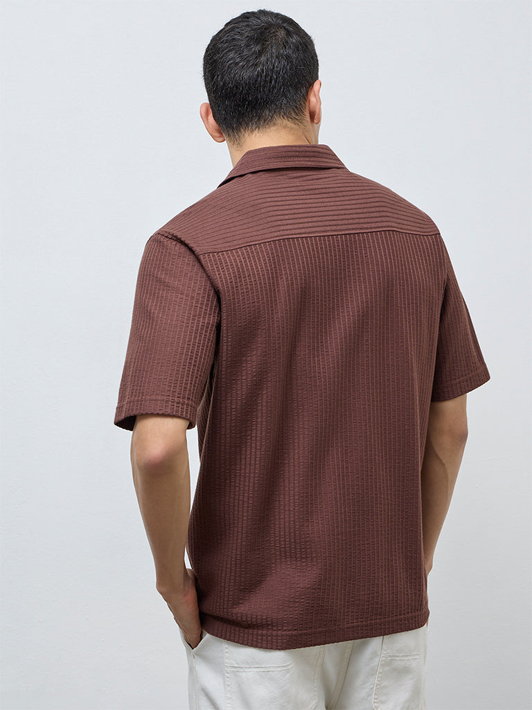 WES Casuals Dark Brown Striped Relaxed-Fit Shirt
