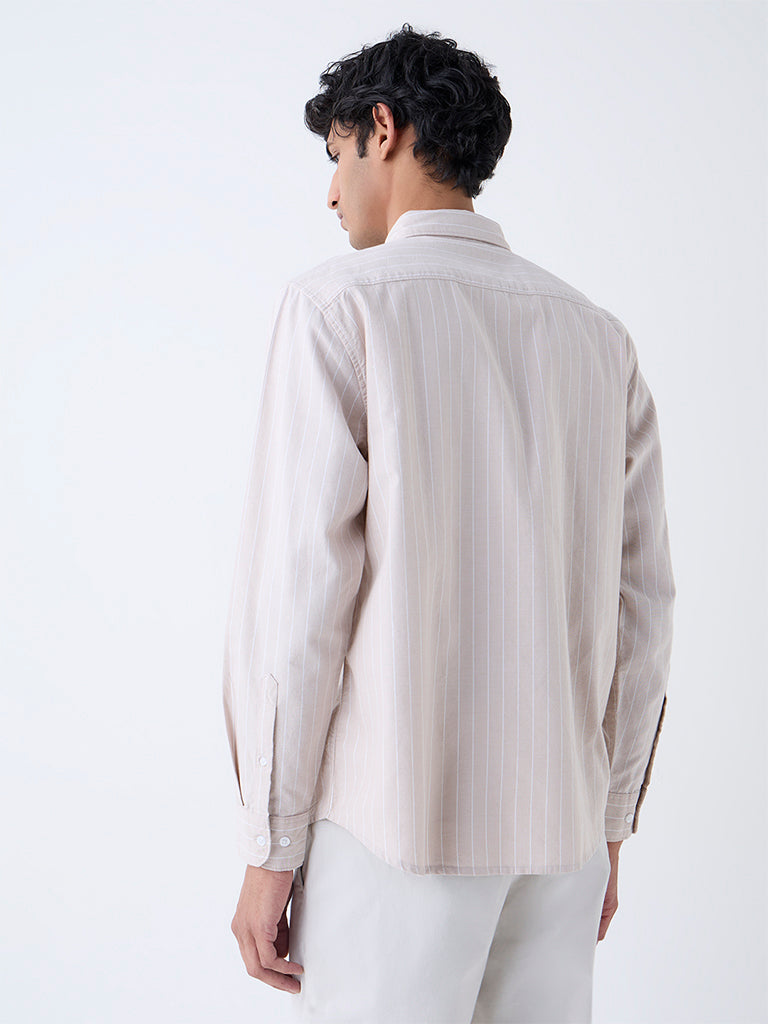 WES Casuals Beige Striped Relaxed-Fit Cotton Shirt