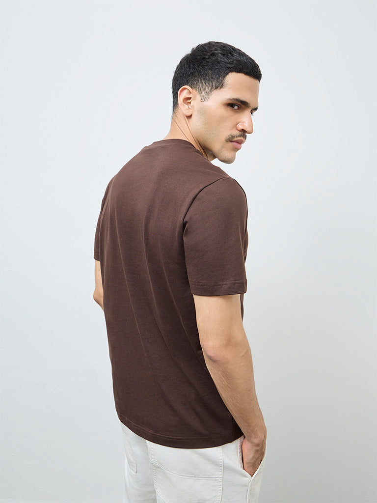 WES Casuals Dark Brown Solid Slim-Fit Cotton T-Shirt