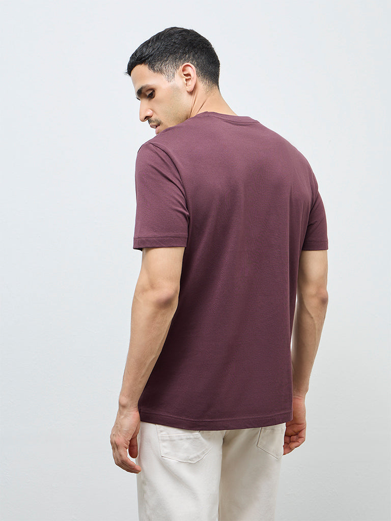 WES Casuals Wine Solid Slim-Fit Cotton T-Shirt
