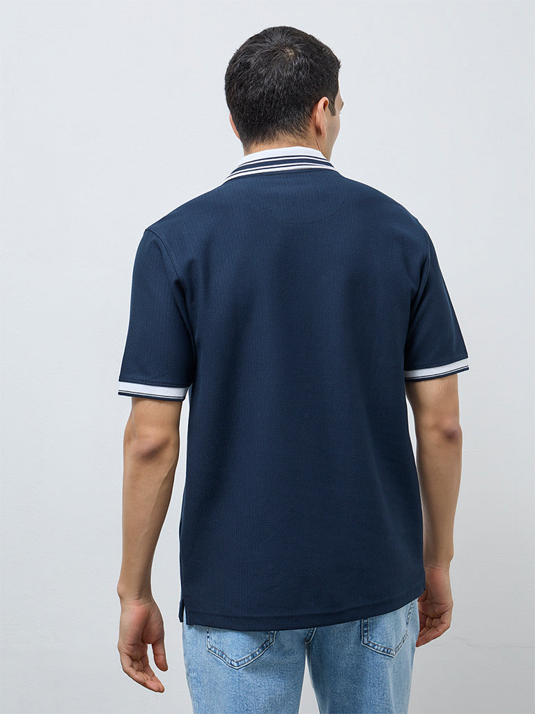 WES Casuals Navy Textured Relaxed-Fit Polo T-Shirt