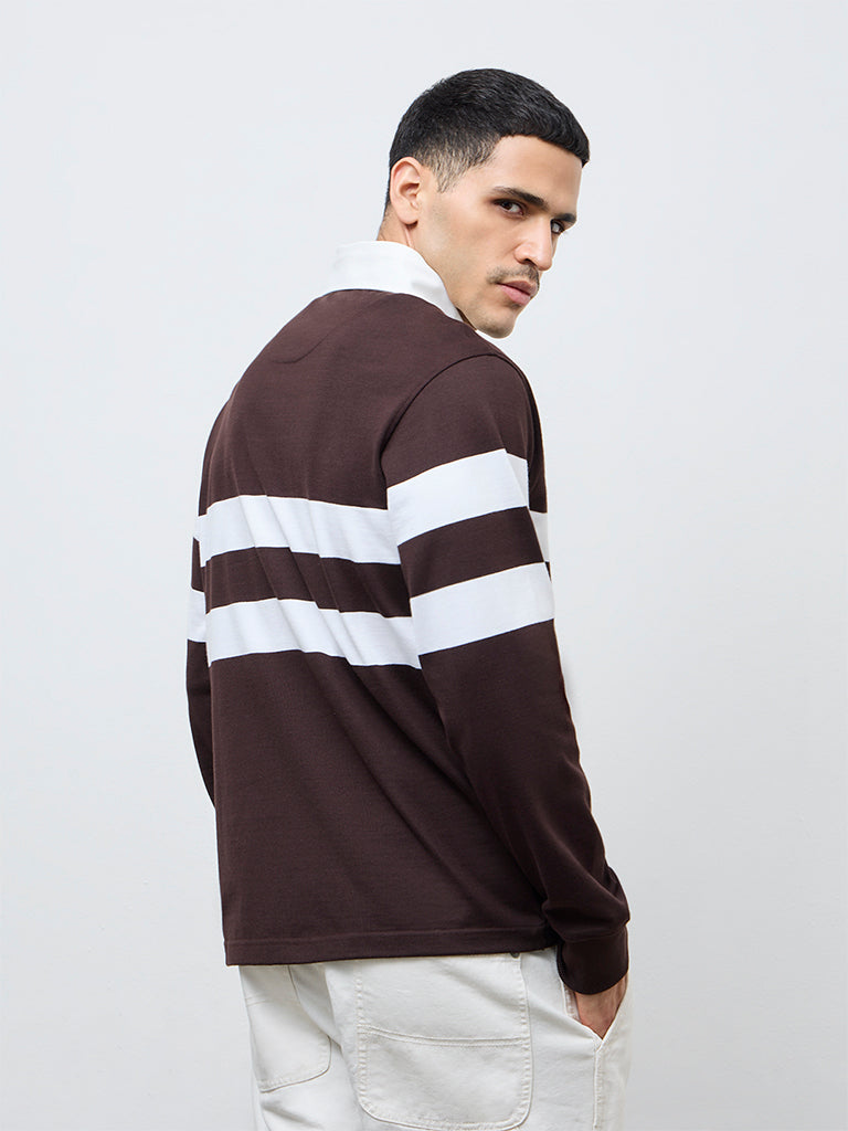 WES Casuals Dark Brown Striped Relaxed Fit Cotton Polo T-Shirt