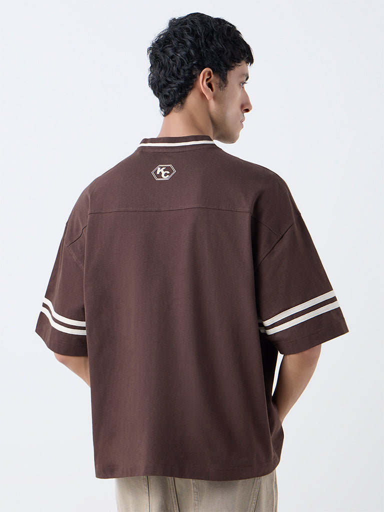 Nuon Dark Brown Printed Relaxed-Fit Cotton T-Shirt