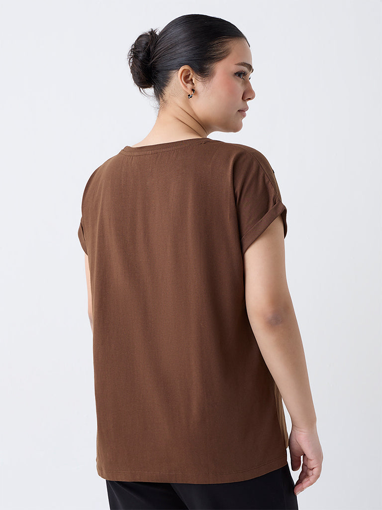 Gia Dark Brown Floral Pattern Cotton T-Shirt
