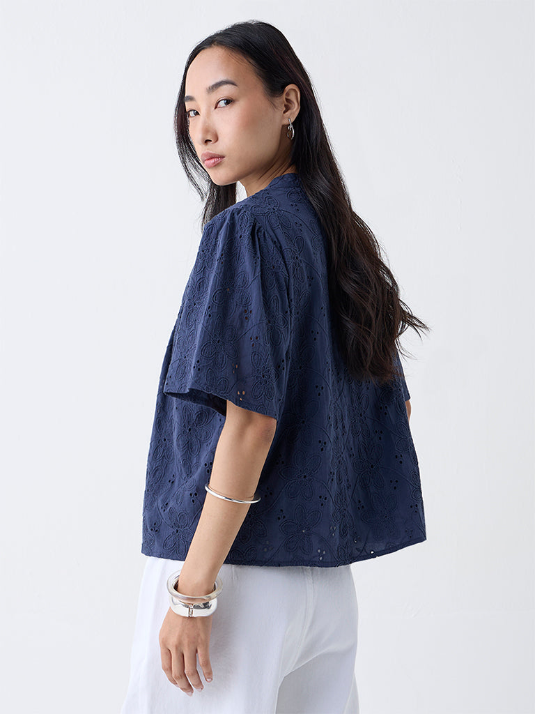 LOV Navy Schiffli Embroidered Cotton-Blend Top