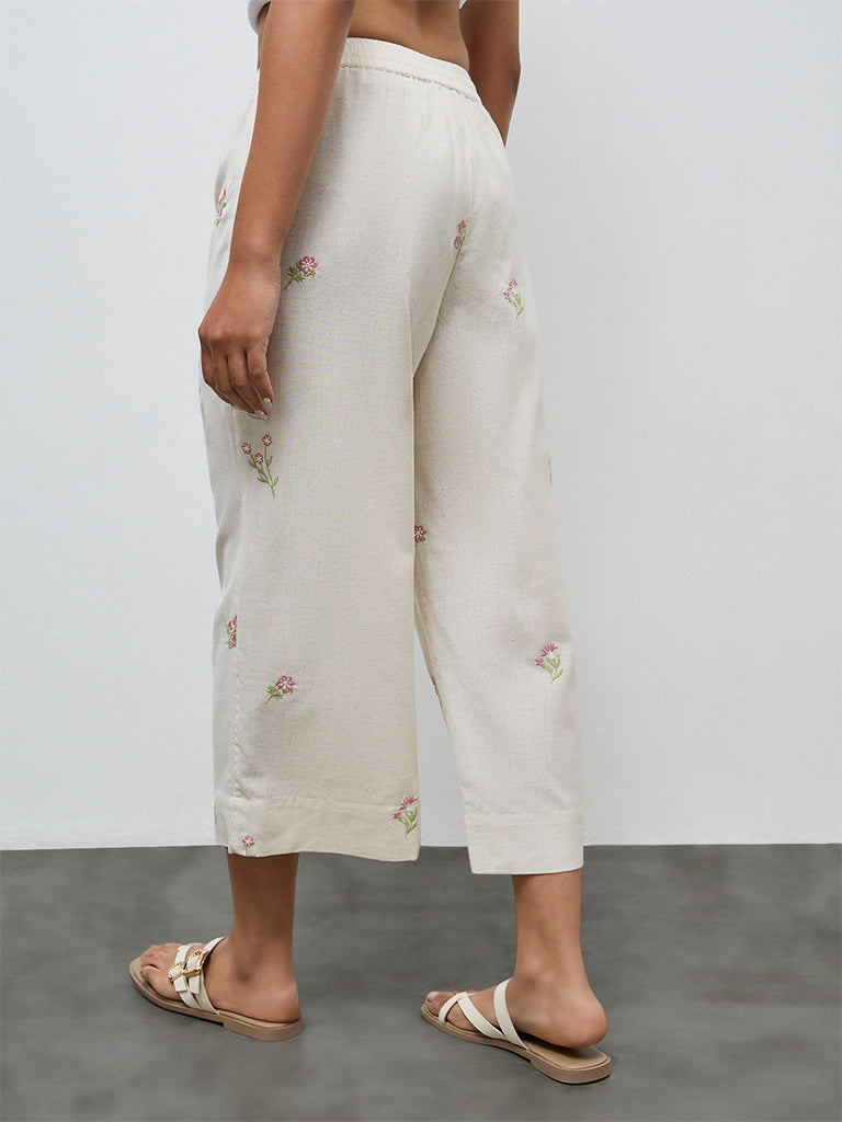 Utsa Off-White Floral Embroidered Cotton-Blend Pants