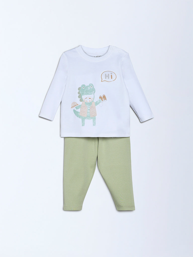 HOP Baby Boys Multicolour Dinosaur-Themed Cotton T-Shirt and Pants Set - Exclusive