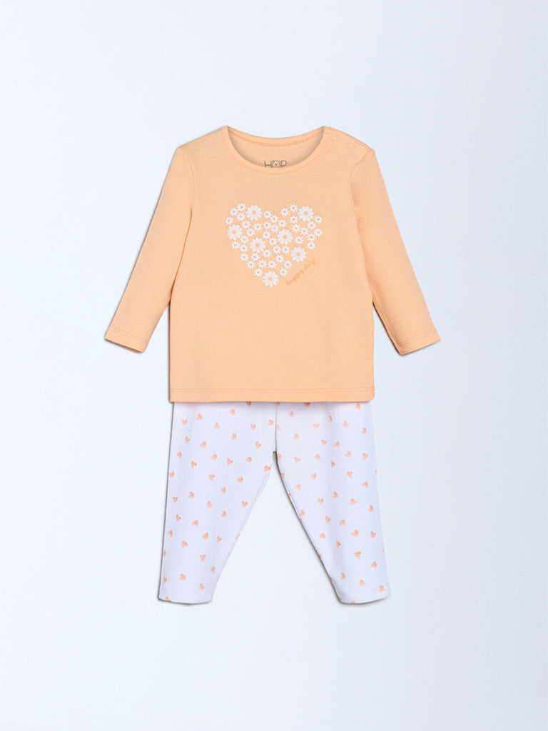 HOP Baby Girls Peach Heart Printed Cotton T-Shirt and Pants Set - Exclusive