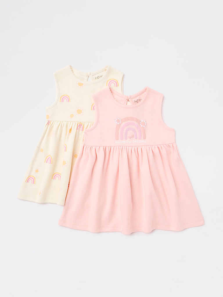 HOP Baby Girls Multicolour Rainbow Design A-Line Cotton Dress - Pack of 2