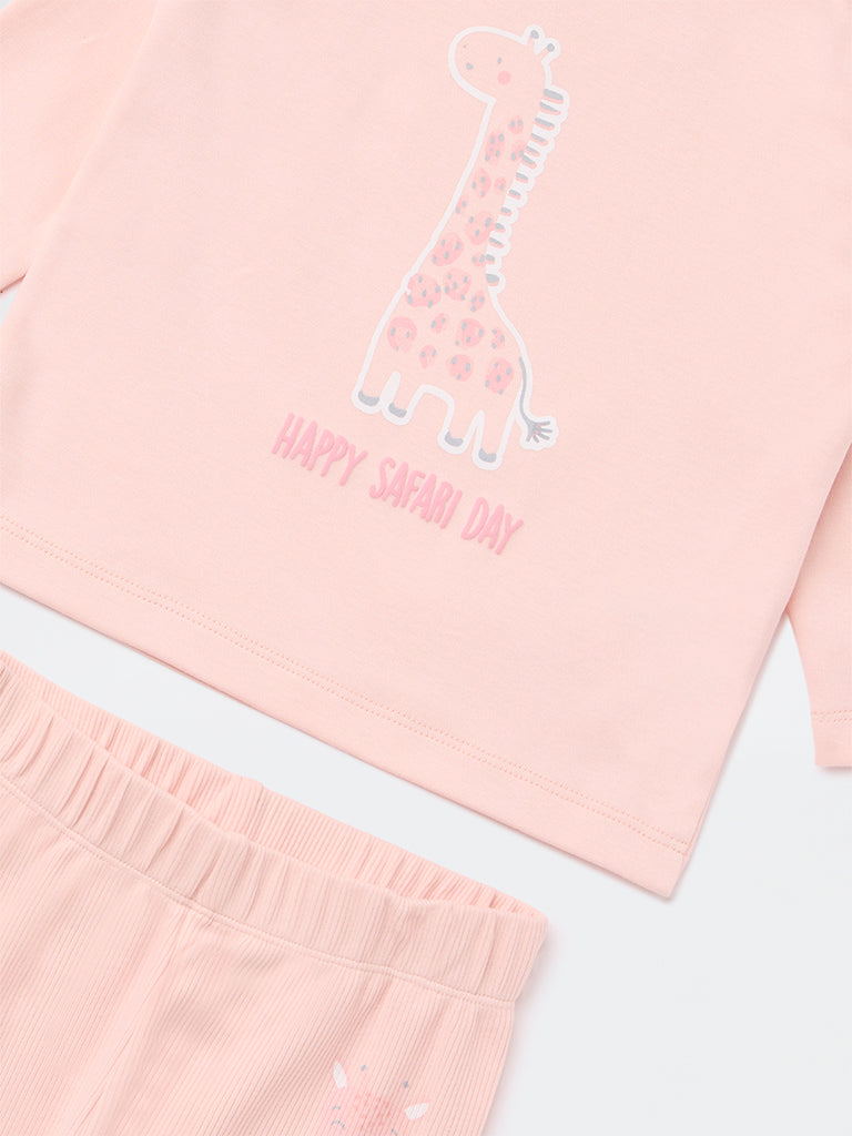 HOP Baby Girls Peach Animal Pattern Cotton T-Shirt and Pant Set