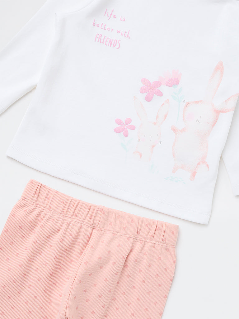 HOP Baby Girls Pink Bunny Printed Cotton T-Shirt and Pants Set
