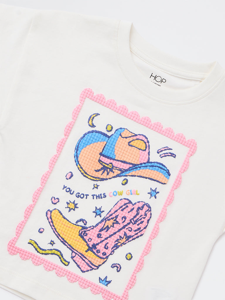 HOP Kids Girls Off-White Printed Cotton T-Shirt