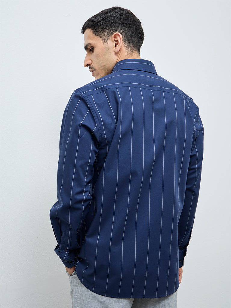 WES Formals Navy Striped Slim-Fit Cotton Shirt